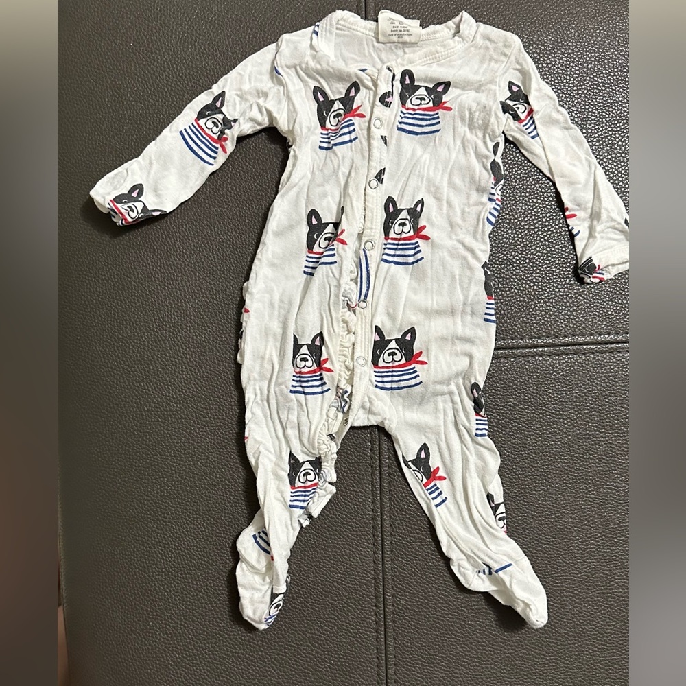 Spearmint love footie pj onesie with snaps and French bulldog print